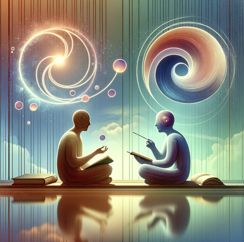 先生と生徒が徳と業について対話している様子を描いたパステル調の画像。周りには徳と業を象徴するような光と影が描かれている