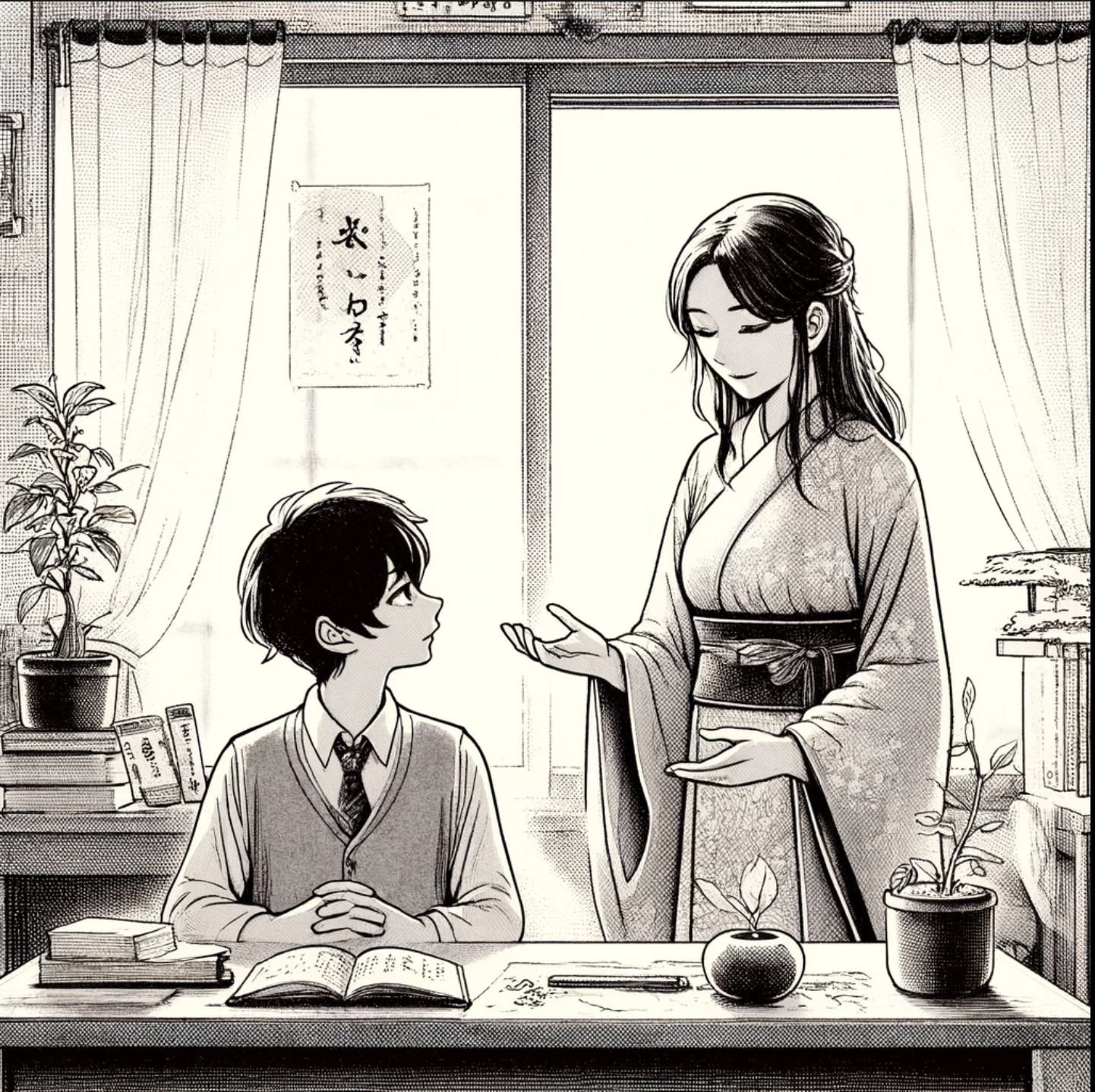 マンガ調のイラストで、賢く、思いやりのある女性の先生が、教室で思慮深く見える生徒モモに心の安らぎについて教えているシーン。周囲には平和の象徴として小さな室内植物や柔らかい日差しが描かれています。