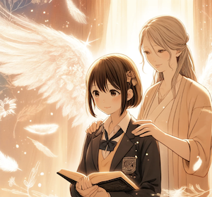 マンガスタイルのイラストで、若い女性生徒モモが手に開いた本を持ち、彼女の肩に優しく手を置く先生が後ろから彼女を励ますシーン。二人は希望と抱負を象徴する光の翼に囲まれている。